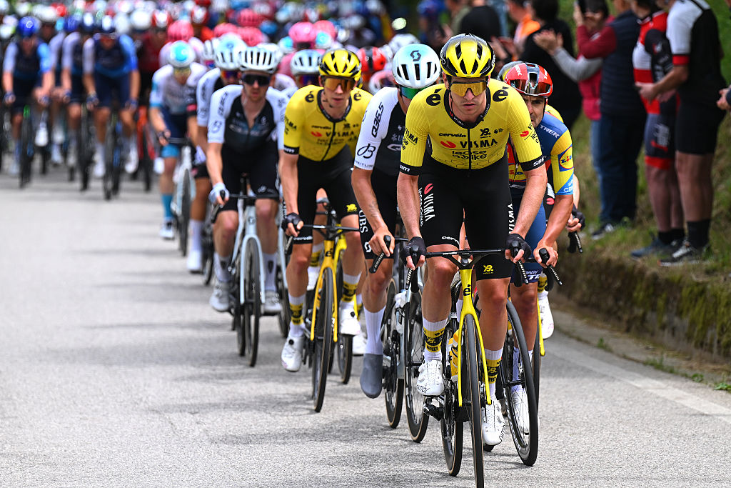 VICENZA, ITALY - MAY 23: Edoardo Affini of Italy and Team Visma | Lease a Bike leads the peloton during the 108th Giro d'Italia 2025, Stage 13 a 180km stage from Rovigo to Vicenza / #UCIWT / on May 23, 2025 in Vicenza, Italy. (Photo by Tim de Waele/Getty Images)