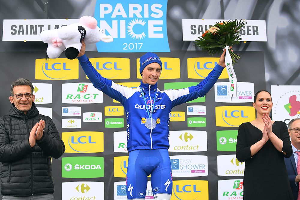 Julian Alaphilippe on the podium at Paris-Nice