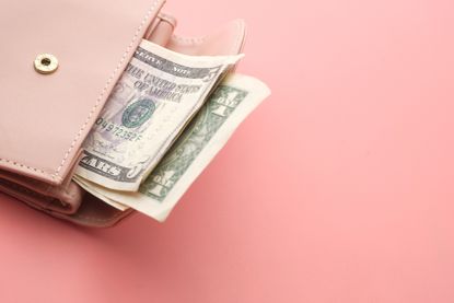 Pink wallet and US dollar banknotes on a pink background