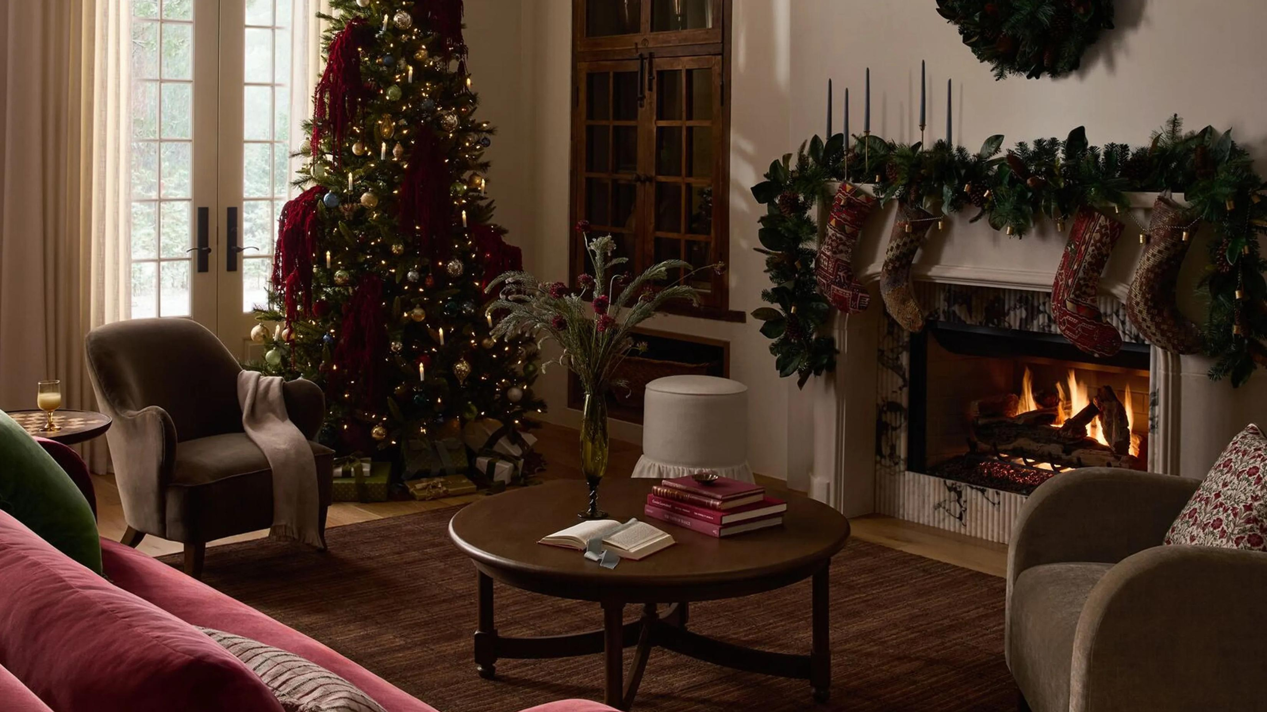 a cozy living room decorated for Christmas