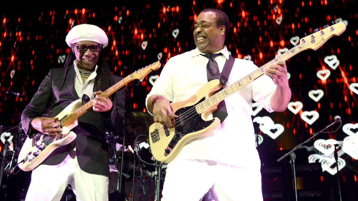 Nile Rodgers (L) and Jerry Barnes of Chic perform at Smoothie King Center on April 24, 2016 in New Orleans, Louisiana. 