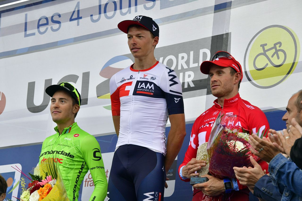 Alberto Bettiol (Cannondale), Oliver Naesen (IAM Cycling) and Alexander Kristoff on the podium in the GP Ouest France-Plouay