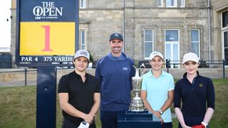 Ash Barty, Bradley Simpson, Kevin Pietersen and Kathryn Newton pose with the Claret Jug on the 1st tee ahead of the Celebrity Fourball prior to The 150th Open at St Andrews Old Course on July 10, 2022