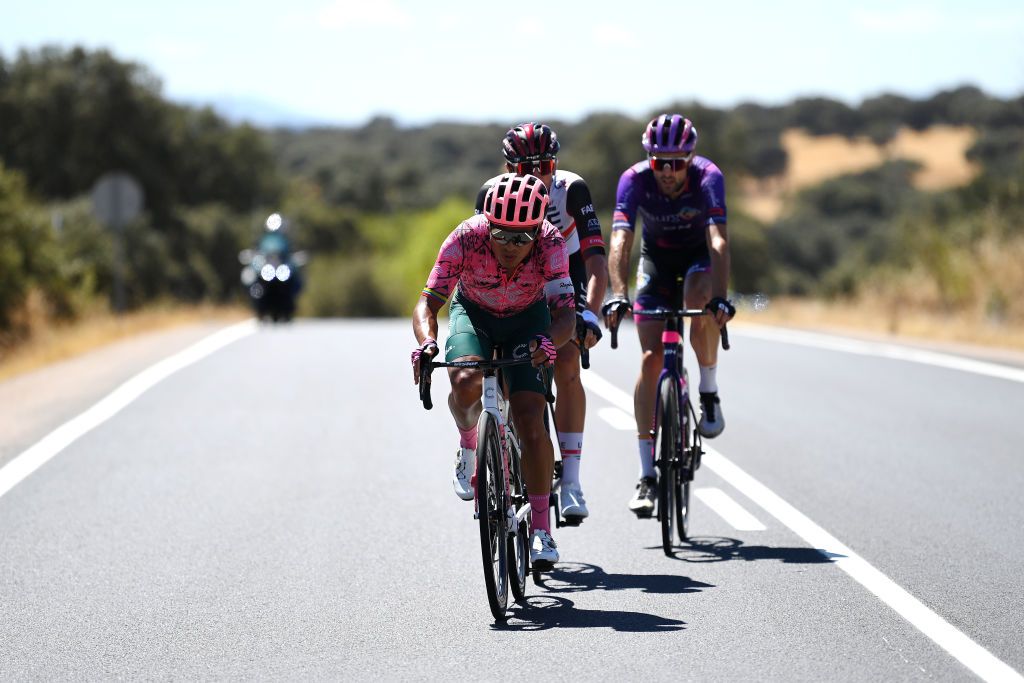 TALAVERA DE LA REINA SPAIN SEPTEMBER 09 Jonathan Klever Caicedo Cepeda of Ecuador and Team EF Education Easypost Brandon Mcnulty of United States and UAE Team Emirates and Ander Okamika Bengoetxea of Spain and Team Burgos BH attack during the 77th Tour of Spain 2022 Stage 19 a 1383km stage from Talavera de la Reina to Talavera de la Reina LaVuelta22 WorldTour on September 09 2022 in Talavera de la Reina Spain Photo by Justin SetterfieldGetty Images