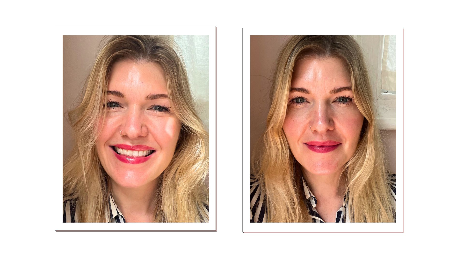 Two images of Beauty editor Fiona McKim pictured wearing Violette FR Lip Nectar with a blue and white stripy shirt