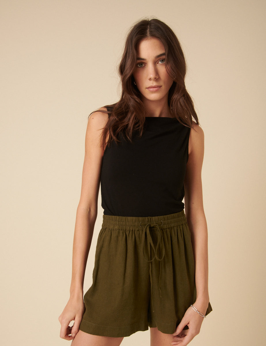 Khaki Drawstring Linen-Blend Jet Shorts