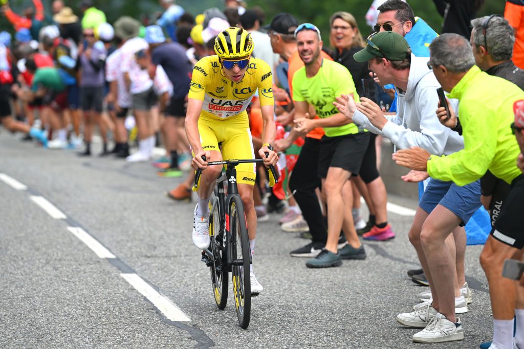 SAINTLARYSOULAN PLA DADET FRANCE JULY 13 Tadej Pogacar of Slovenia and UAE Team Emirates Yellow Leader Jersey attacks during the 111th Tour de France 2024 Stage 14 a 1519km stage from Pau to SaintLarySoulan Pla dAdet 1653m UCIWT on July 13 2024 in SaintLarySoulan Pla dAdet France Photo by Dario BelingheriGetty Images