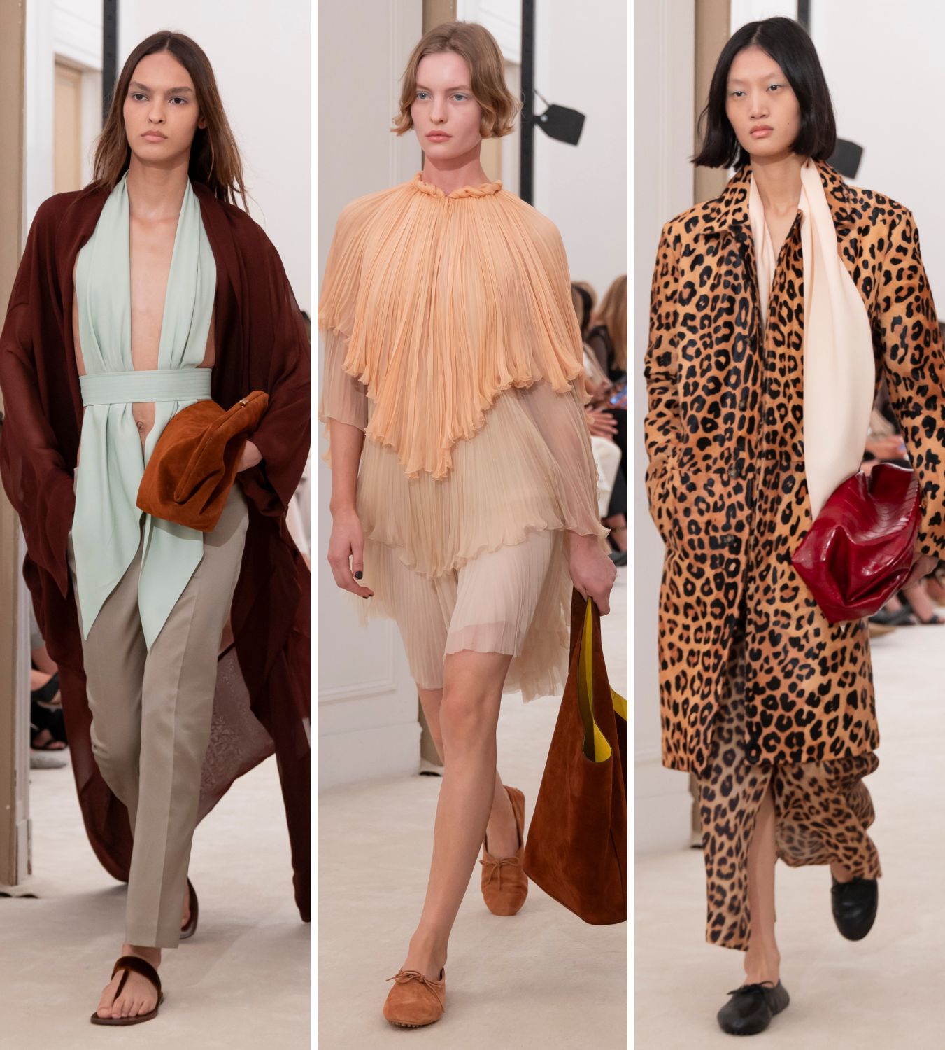 three models walking in the alberta ferretti ss26 show during milan fashion week