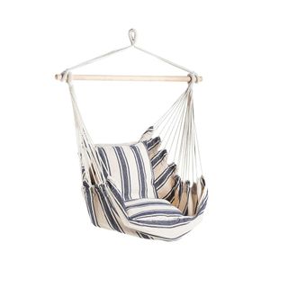 A blue and white striped hammock chair