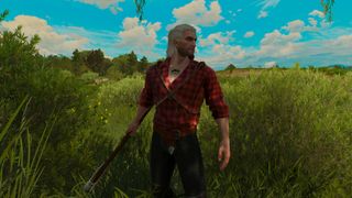 Geralt in a red flannel shirt