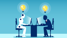 Vector of a man working with a robot sitting at table. Symbol of future cooperation and technology advance