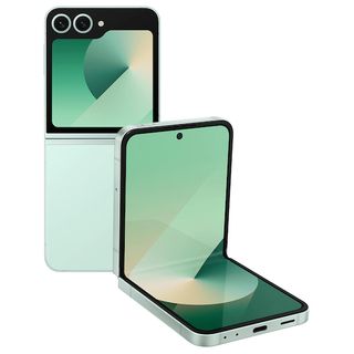 Samsung Galaxy Z Flip 6 open and half closed in green