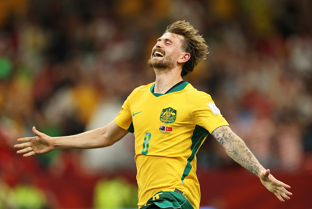 Connor Metcalfe celebrates scoring his team's second goal against Turkiye