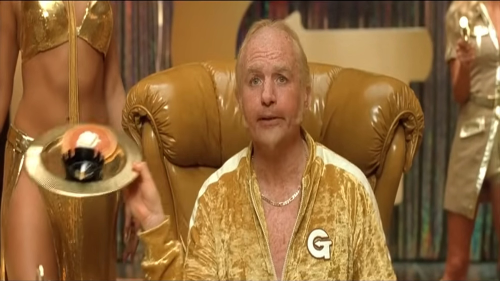 Mike Myers wearing a gold suit in Austin Powers in Goldmember
