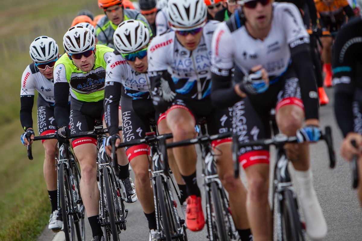 Colin Joyce (Axeon) stays tucked in behind teammates