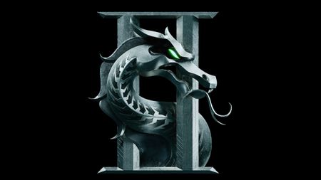 Logo for Mortal Kombat 2 with dragon head and green eyes