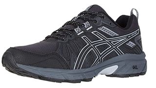 A black and grey ASICS cross-training shoe with a gel design on the side.