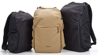 Photo of the three bags that comprise the Shimoda Urban Explore Series of camera backpacks, from L-R: 20-litre (Anthracite colourway), 25-litre (Boa colourway) and 30-litre (Anthracite colourway)