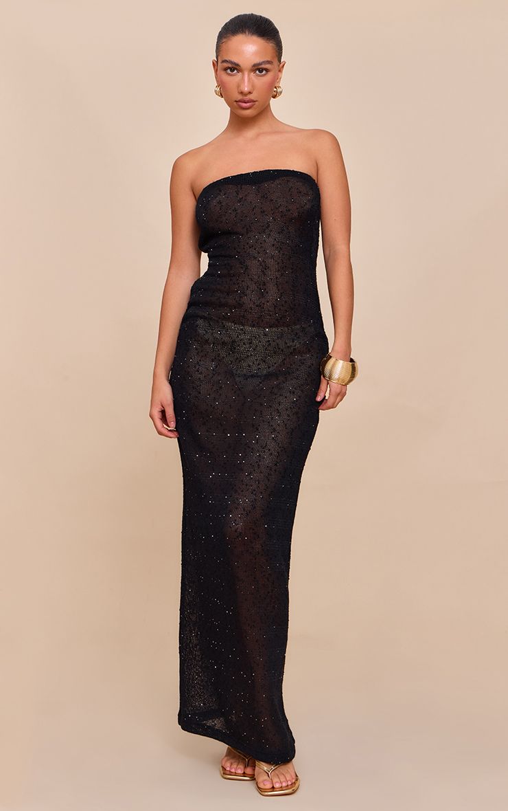 Black Sequin Sheer Bandeau Maxi Dress