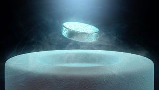 An artist&#039;s concept image of a levitating superconductor.