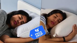 The side by side composite image shows a dark haired woman lying on her side with her eyes closed, with her head resting on almost identical pillows.
