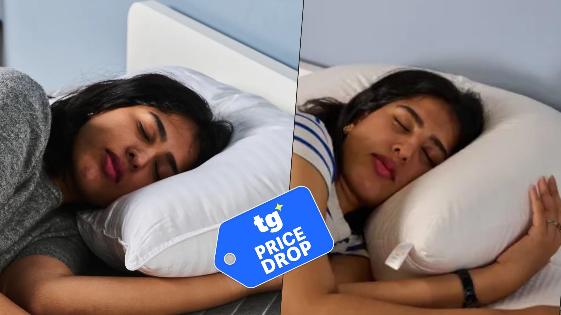 The side by side composite image shows a dark haired woman lying on her side with her eyes closed, with her head resting on almost identical pillows. 