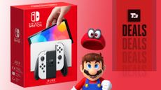 Nintendo Switch OLED box with Mario and T3 deal badge