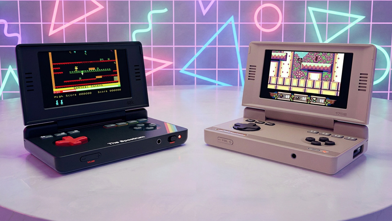 The Spectrum and C64 Handheld games consoles with an 80s style backdrop