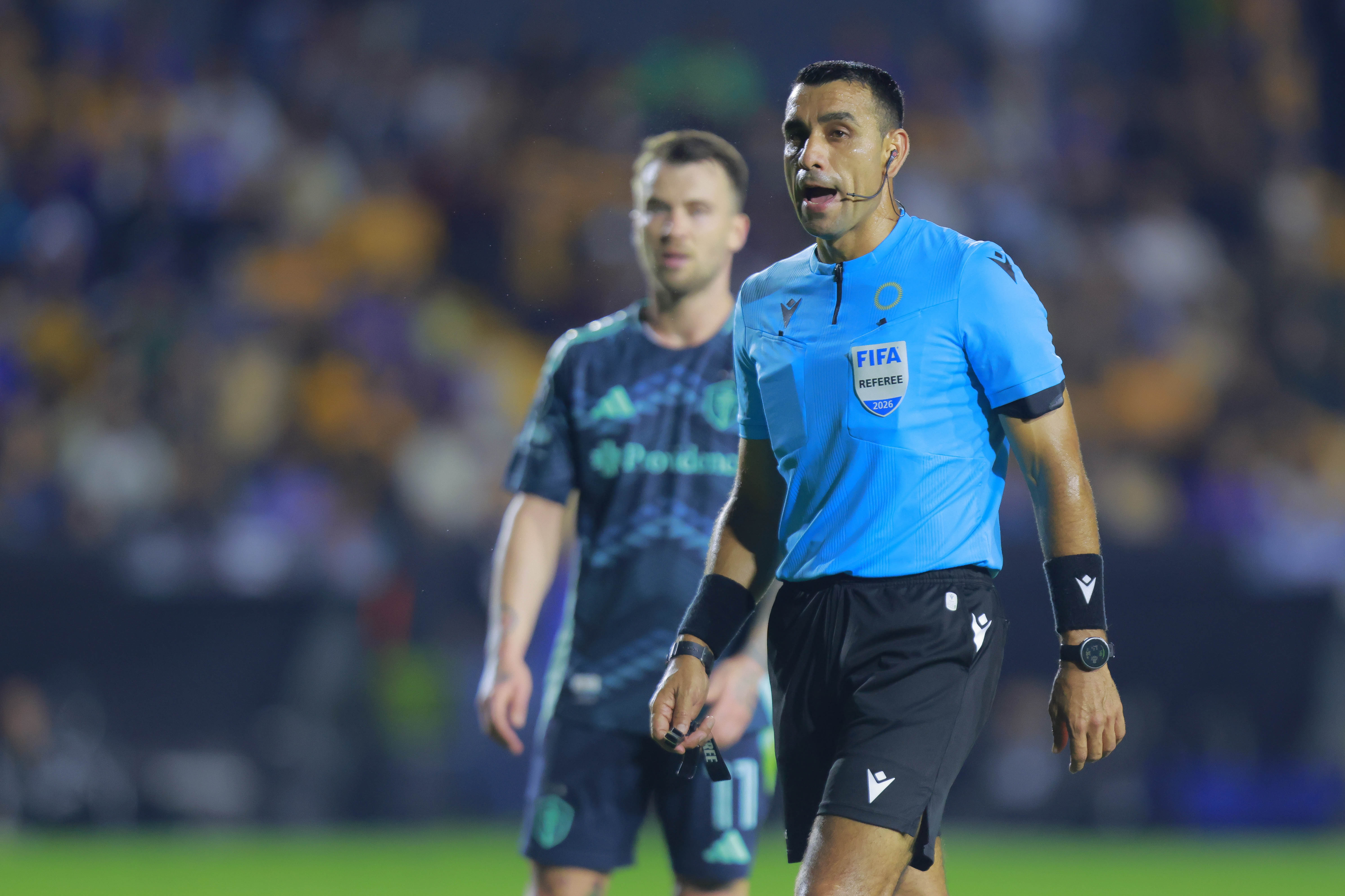SAN NICOLAS DE LOS GARZA, MEXICO - APRIL 8: Referee Juan Gabriel Calderon looks on during the Quarter-Final First Leg round match between Tigres UANL and Seattle Sounders of the CONCACAF Champions Cup