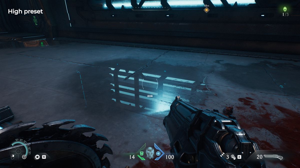 A screenshot of the PC version of Doom: The Dark Ages, showing the quality of ray-traced reflections using the High preset