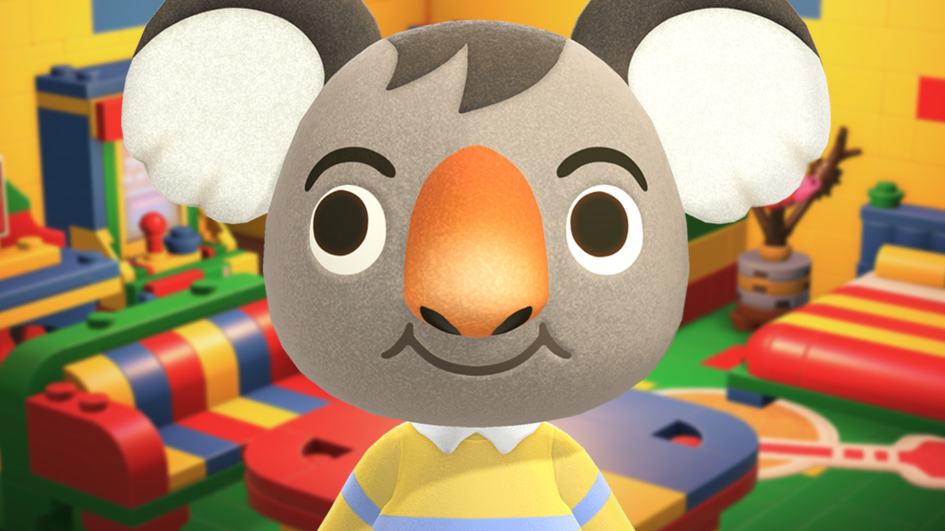 Ozzie, a friendly Koala villager in Animal Crossing: New Horixons with a colorful jumper, stands in front of a set of Lego furniture
