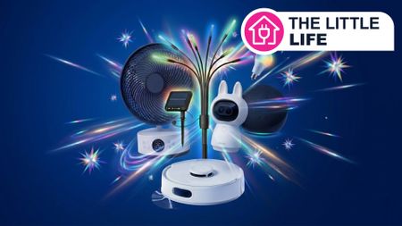 A collection of smart home devices on a dark blue background with light rays and starbusts, and a badge in the top right corner reading 'The Little Life'
