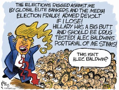 Political cartoon U.S. 2016 election Donald Trump Hillary Clinton rigged election SNL