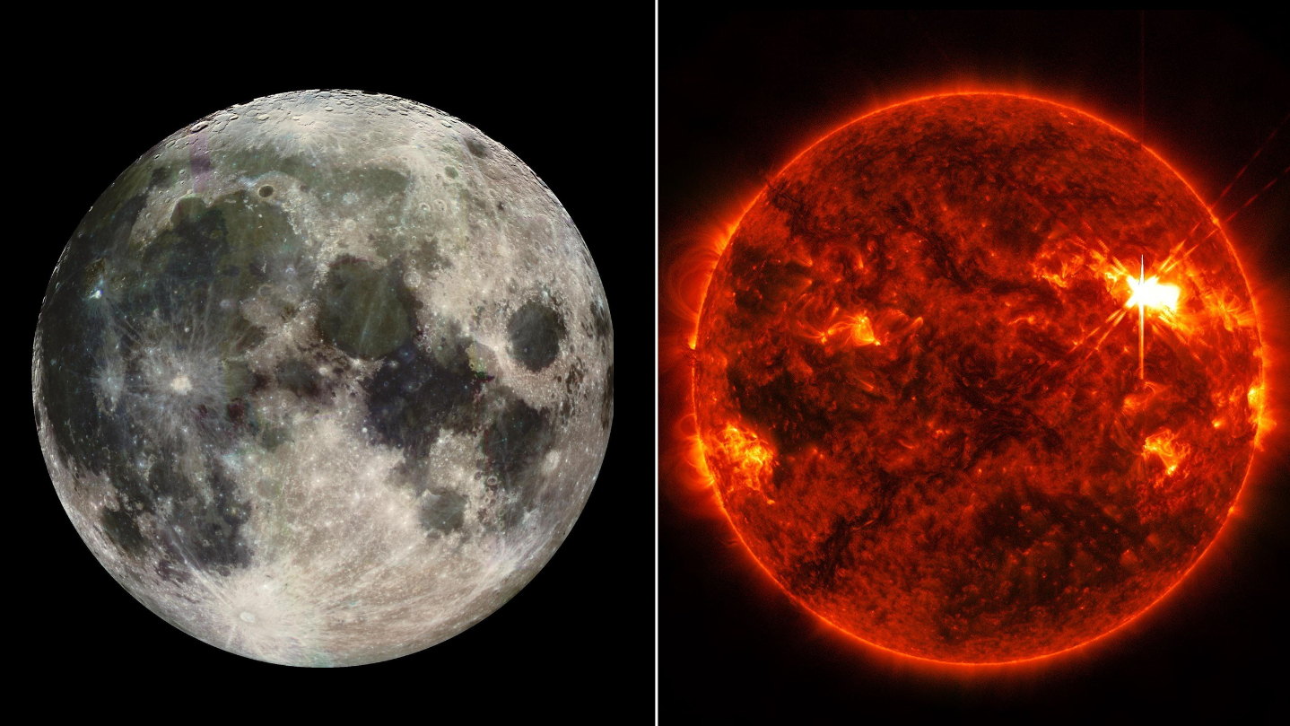 An image of the moon is shown on the left with the sun on the right, separated by a white vertical line against a black background