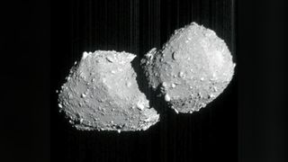 a grey, double-lobed rock on a black background. the surfaces of the two lobes are covered in boulders of various sizes
