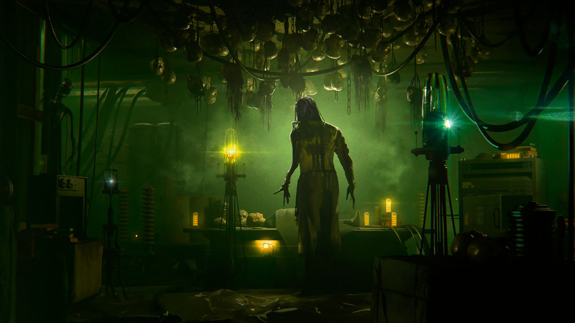 A robotic figure stands under an array of robot heads in a dark, eerie environment