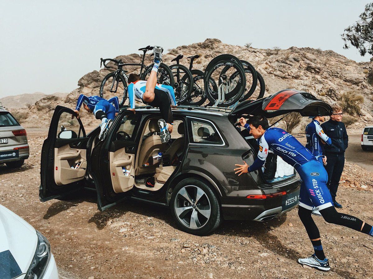 The Quick-Step team has a bit of fun as they wait for the news of the cancellation of the stage