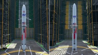 cgi render of a red-striped rocket inside a simulated assembly building