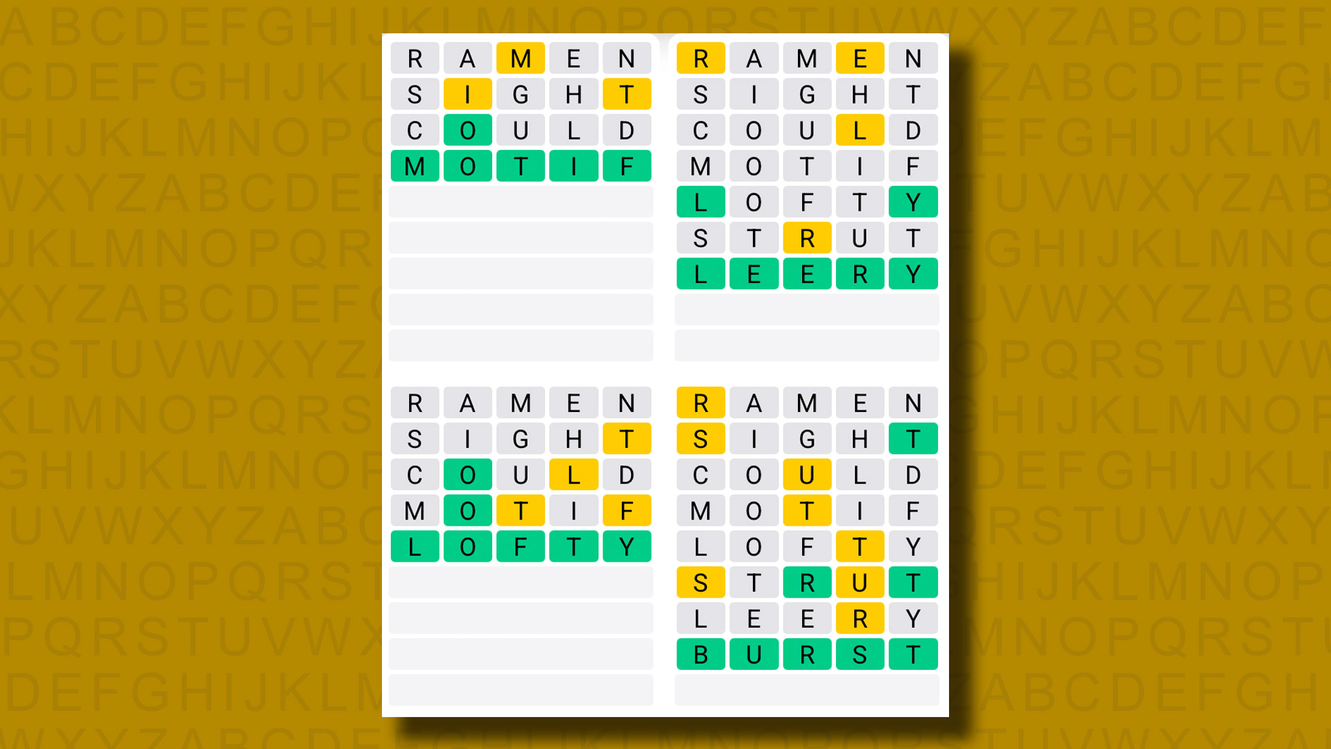 Quordle answers for game 1287 on a yellow background
