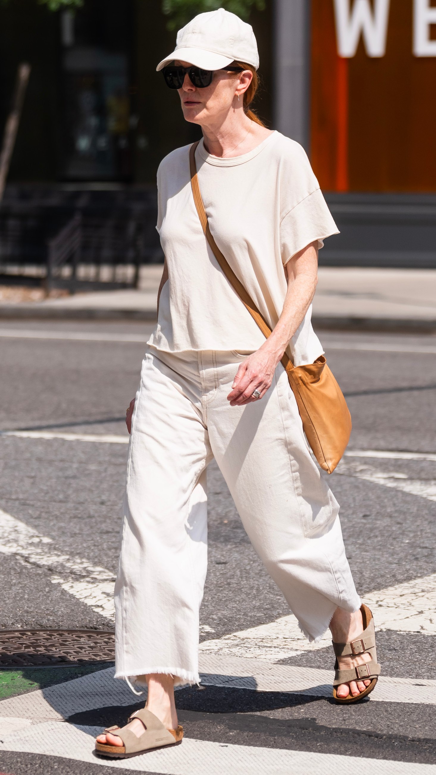 Julianne Moore is seen wearing Birkenstocks on July 26, 2023 in New York City