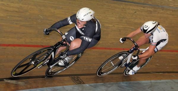 Liz Carlson and Cari Higgins come through the second turn in the Women's Team Sprint Gold Medal Final.