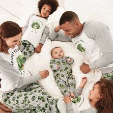 family with matching t-shirt and matching pyjamas