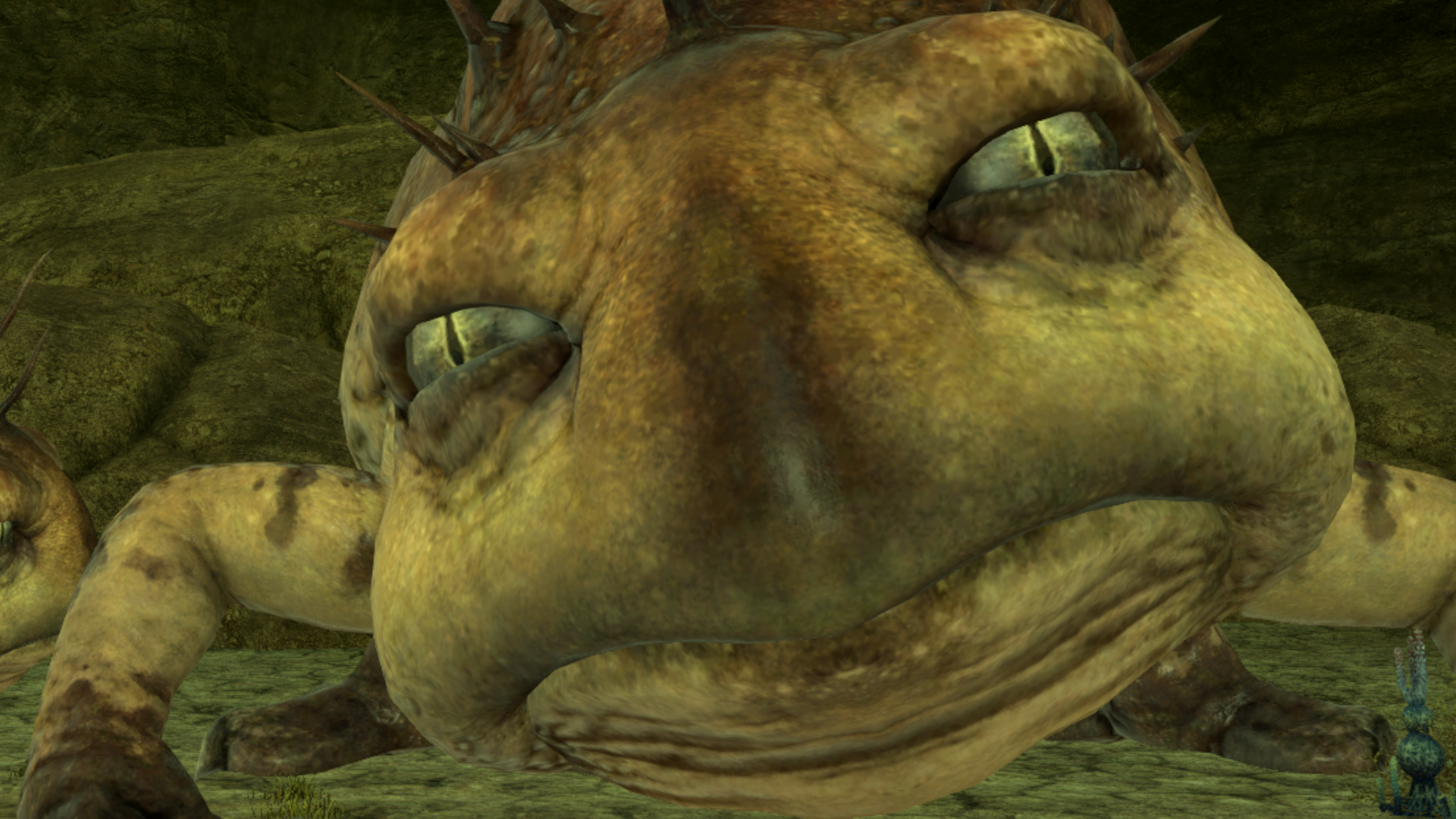 The upsetting visage of a Gigantoad from Final Fantasy 14, a froglike creature with malice in its heart.