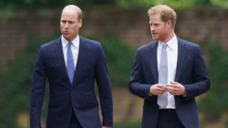 Britain's Prince Harry, Duke of Sussex arrive for the unveiling of a statue of their mother, Princess Diana at The Sunken Garden in Kensington Palace, London on July 1, 2021