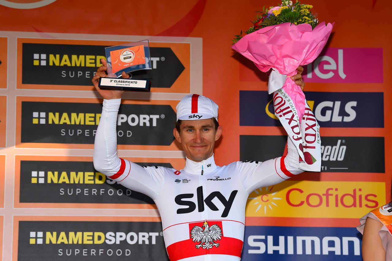 Michal Kwiatkowski on the podium at Milan-San Remo.