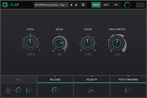 Clap breaks down the traditional clap sound into three elements called 'shots' and includes a noise layer.