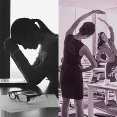 Split image showing two contrasting office scenes. On the left, a woman sits at a desk with her head in her hands, looking stressed in front of a laptop. On the right, three office workers in business attire stand beside their desks smiling and stretching with arms overhead as part of a workplace wellness activity.