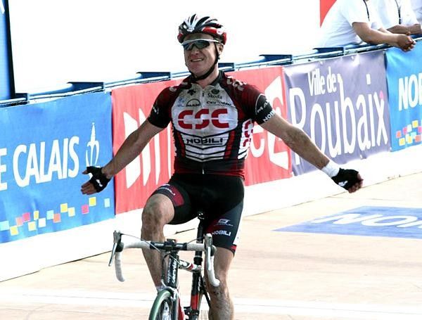 Stuart O'Grady takes a joyous victory Roubaix.