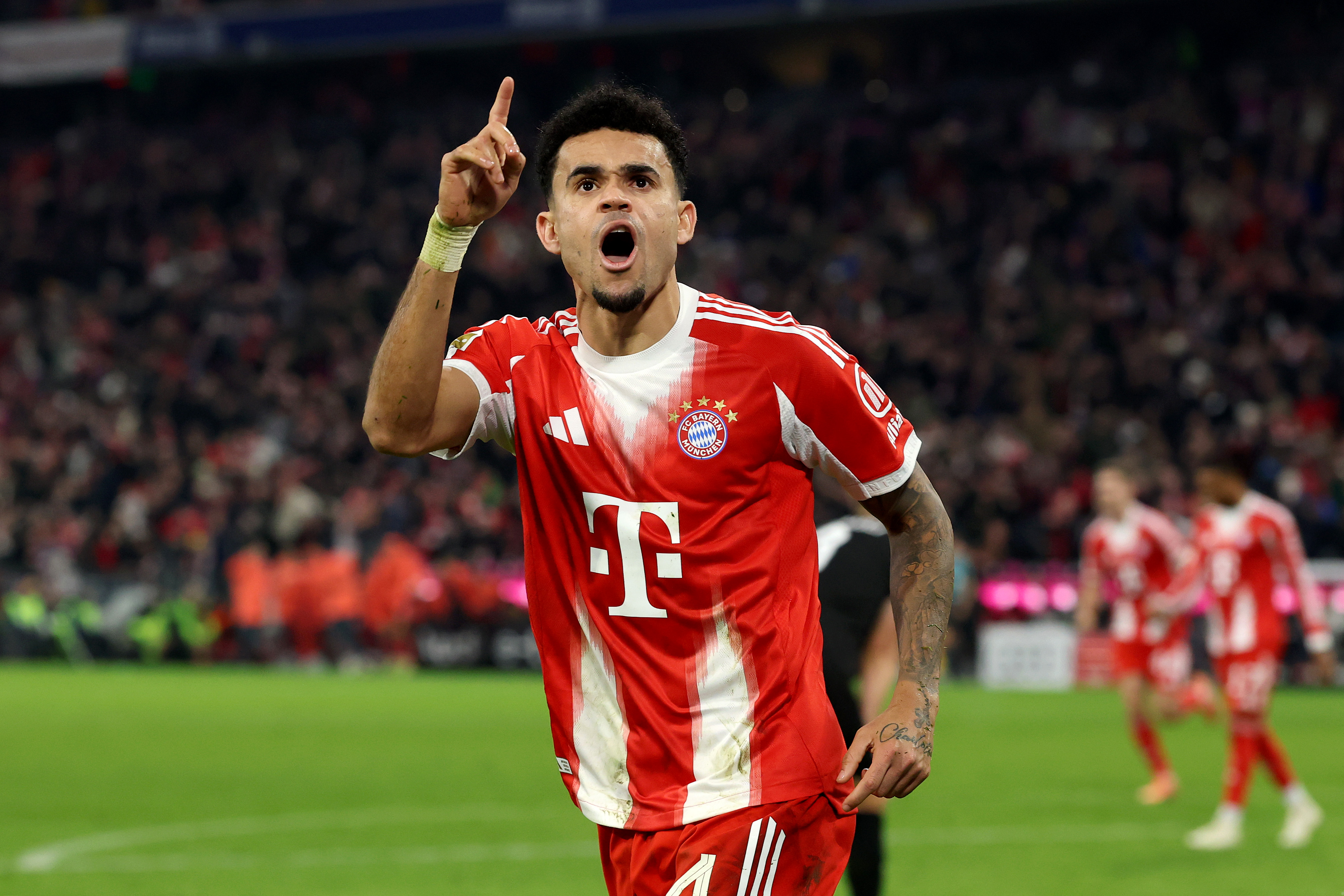 Luis Diaz of Bayern Munich celebrates scoring his team's second goal during the Bundesliga match between FC Bayern M&amp;uuml;nchen and FC St. Pauli at Allianz Arena on November 29, 2025 in Munich, Germany.