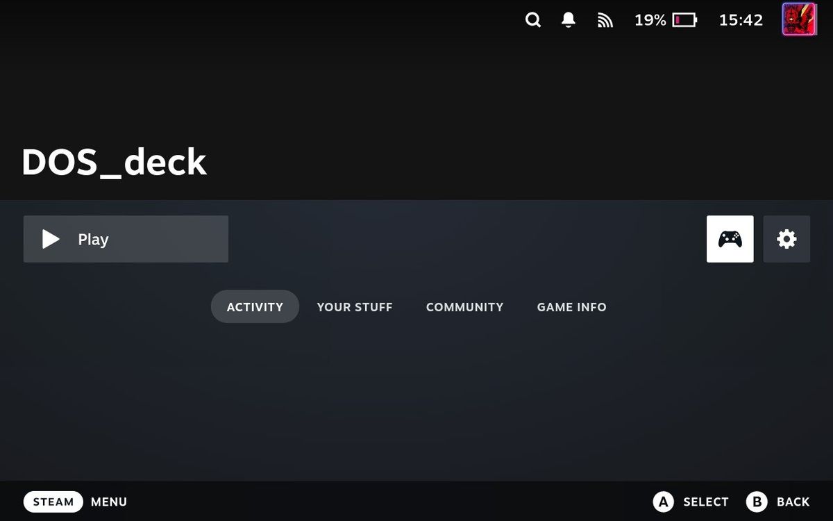 Screenshots of setting the correct Gamepad Profile for DOS_deck in Steam Deck Gaming Mode.